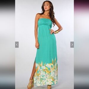 O'Neill Strapless Bohemian Tropical Pastel Floral Teal Side Slits Flowy Maxi S